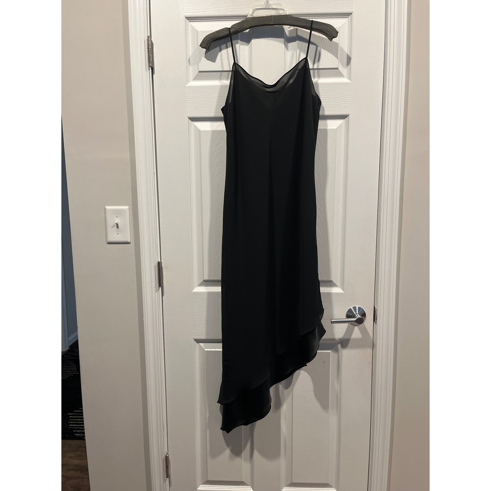 Black Asymmetrical Handkerchief Hem Midi Dress Spaghetti Strap Cowl Neck Layered